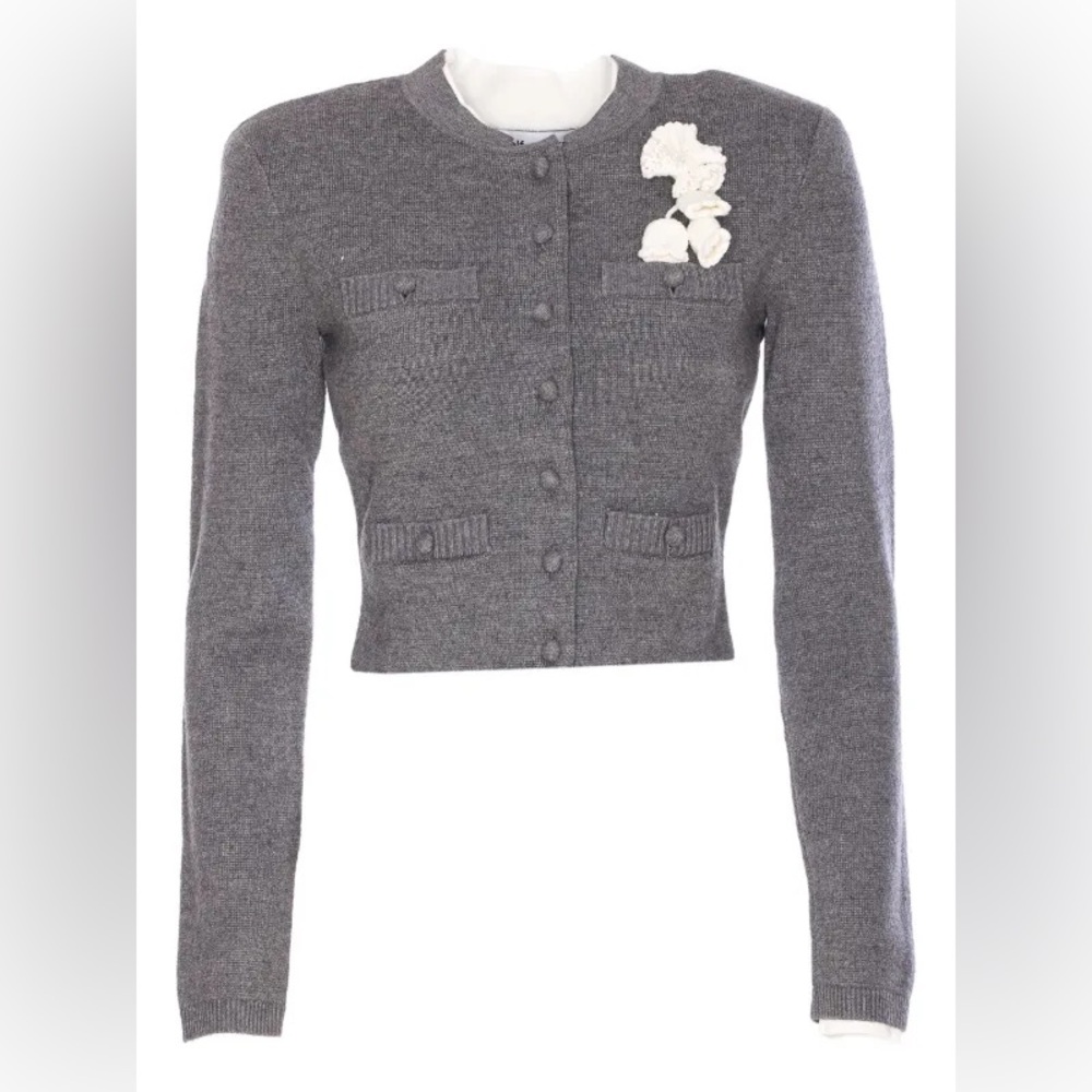 NEW Self-Portrait Gray crochet-flower button Cropped Long Sleeve Cardigan, S - Picture 3 of 14